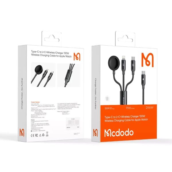 کابل تایپ‌سی + شارژر اپل واچ سه سر مک دودو Mcdodo 100w 3in1 Cable